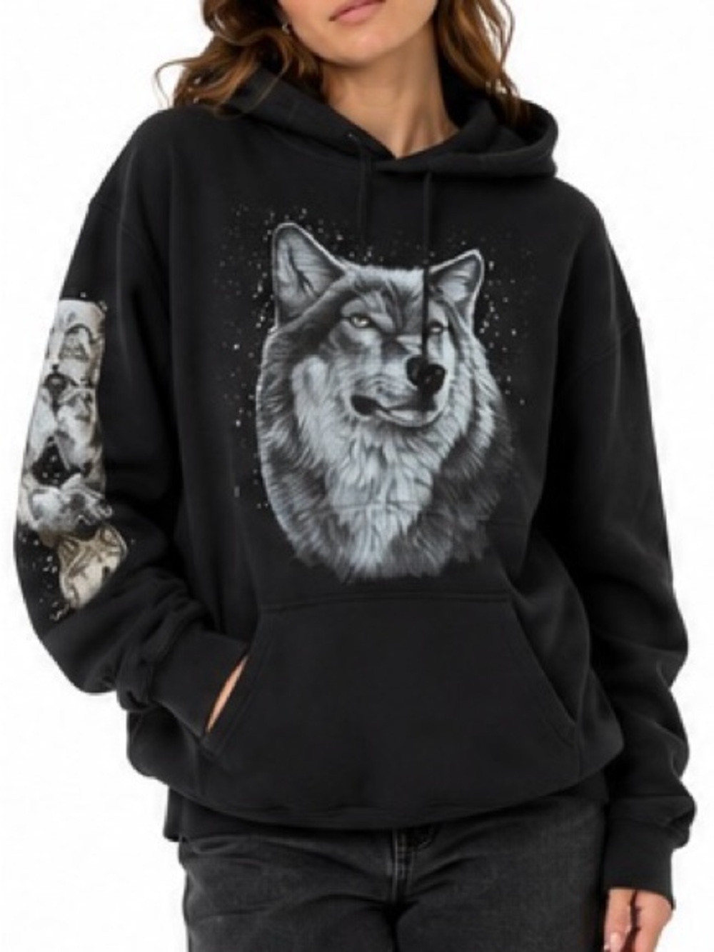 Wolf Graphic Hoodie Black Size S Unisex Nature Animal Pullover Sweatshirt